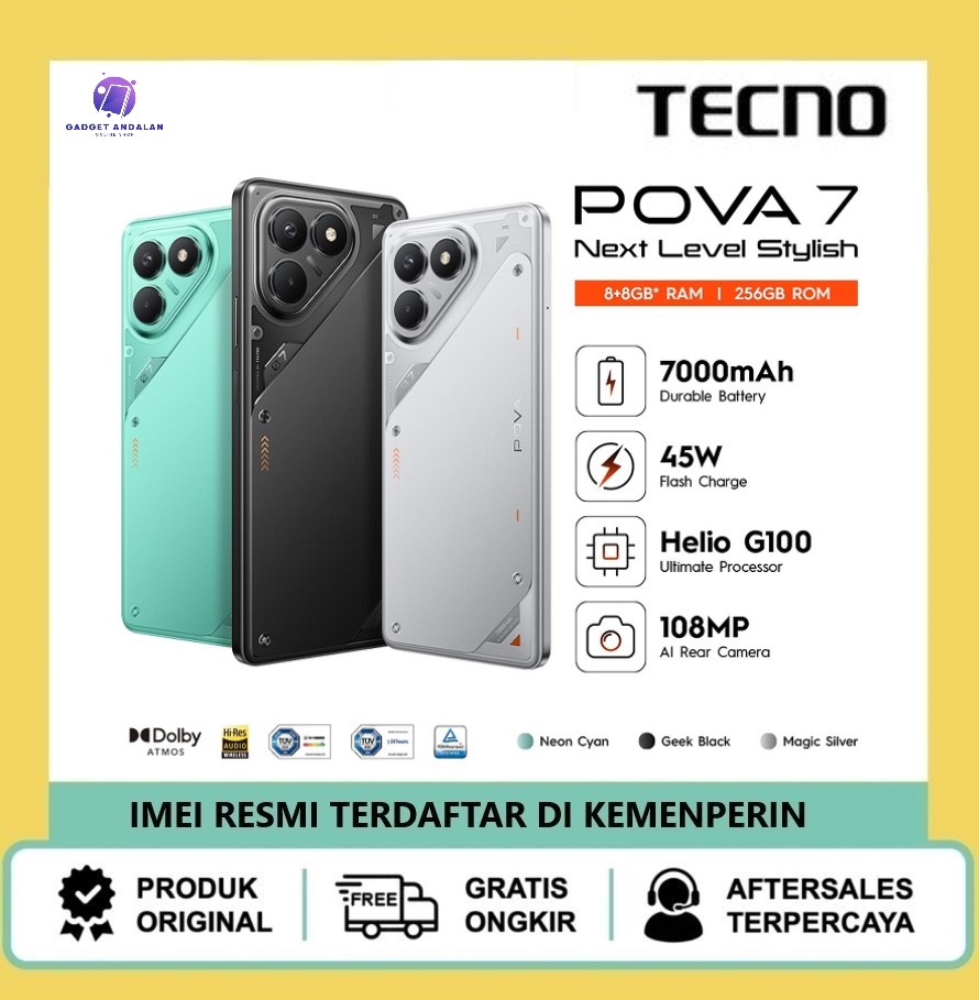 Tecno Pova 7 4G - 8/256GB, 7000mAh + 45W, MediaTek Helio G100 Ultimate, 120Hz vivid display mobile phone Harga 2,100,000 rupiah*Gratis Ongkir