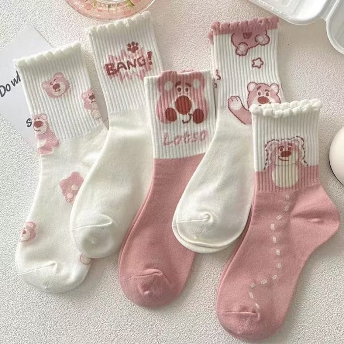 5PASANG Kaos Kaki Panjang Wanita Motif Pink Bear Lucu Harga 24,500 rupiah*Gratis Ongkir