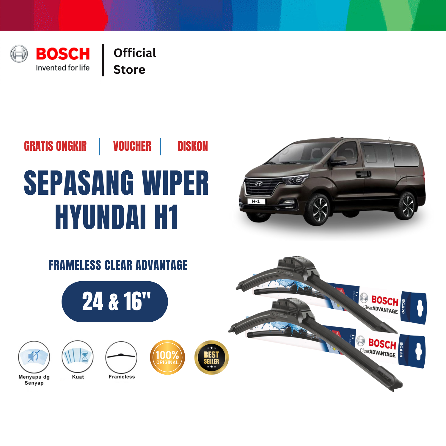 Bosch Sepasang Wiper Mobil Hyundai H1 Frameless Clear Advantage 24 dan 16 Inci Harga 197,115 rupiah*Gratis Ongkir
