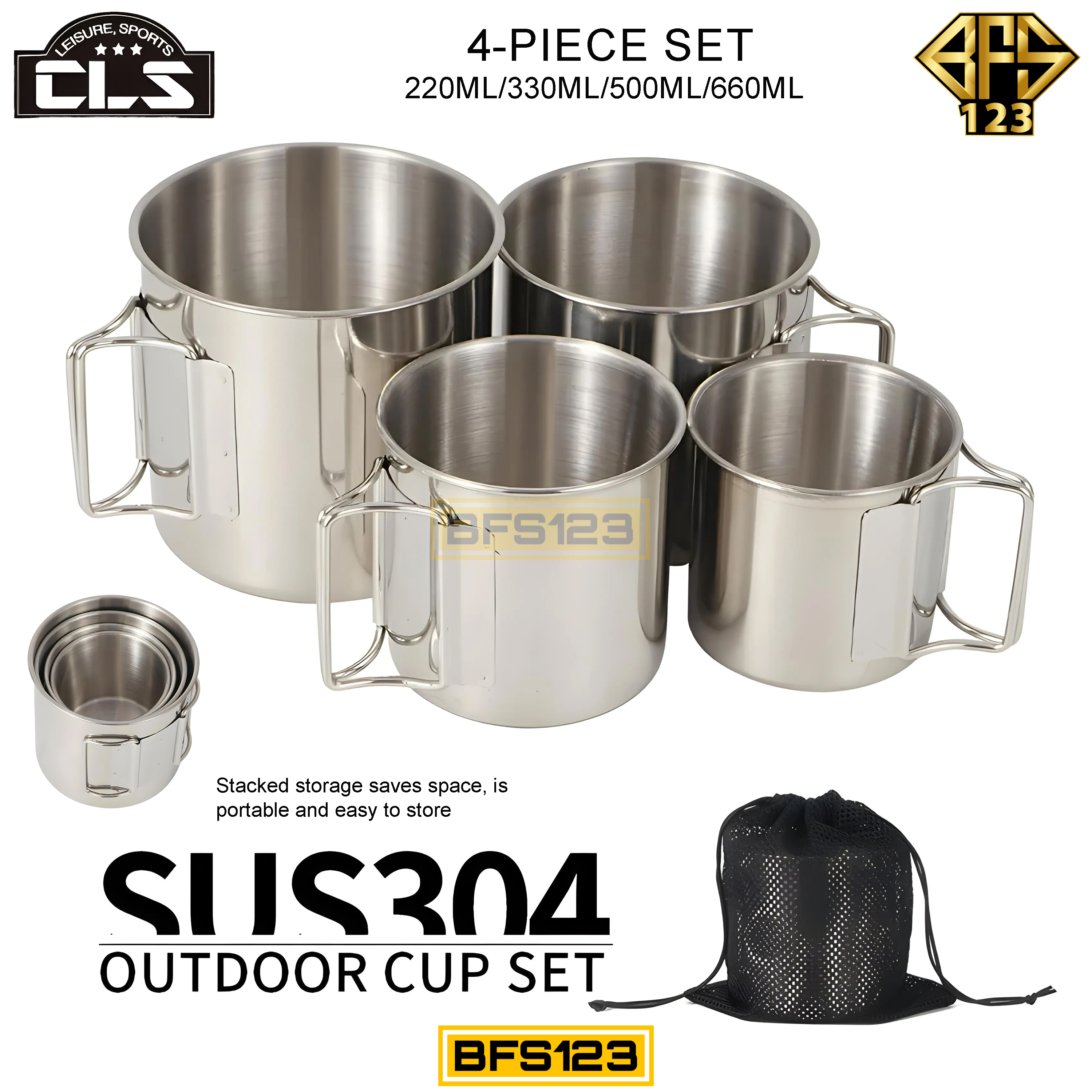 Set MUG Gelas Kopi Teh Air Minum Camping isi 4 Pcs Plus Pouch Bag 220 ml 330 ml 500 ml 660 ml