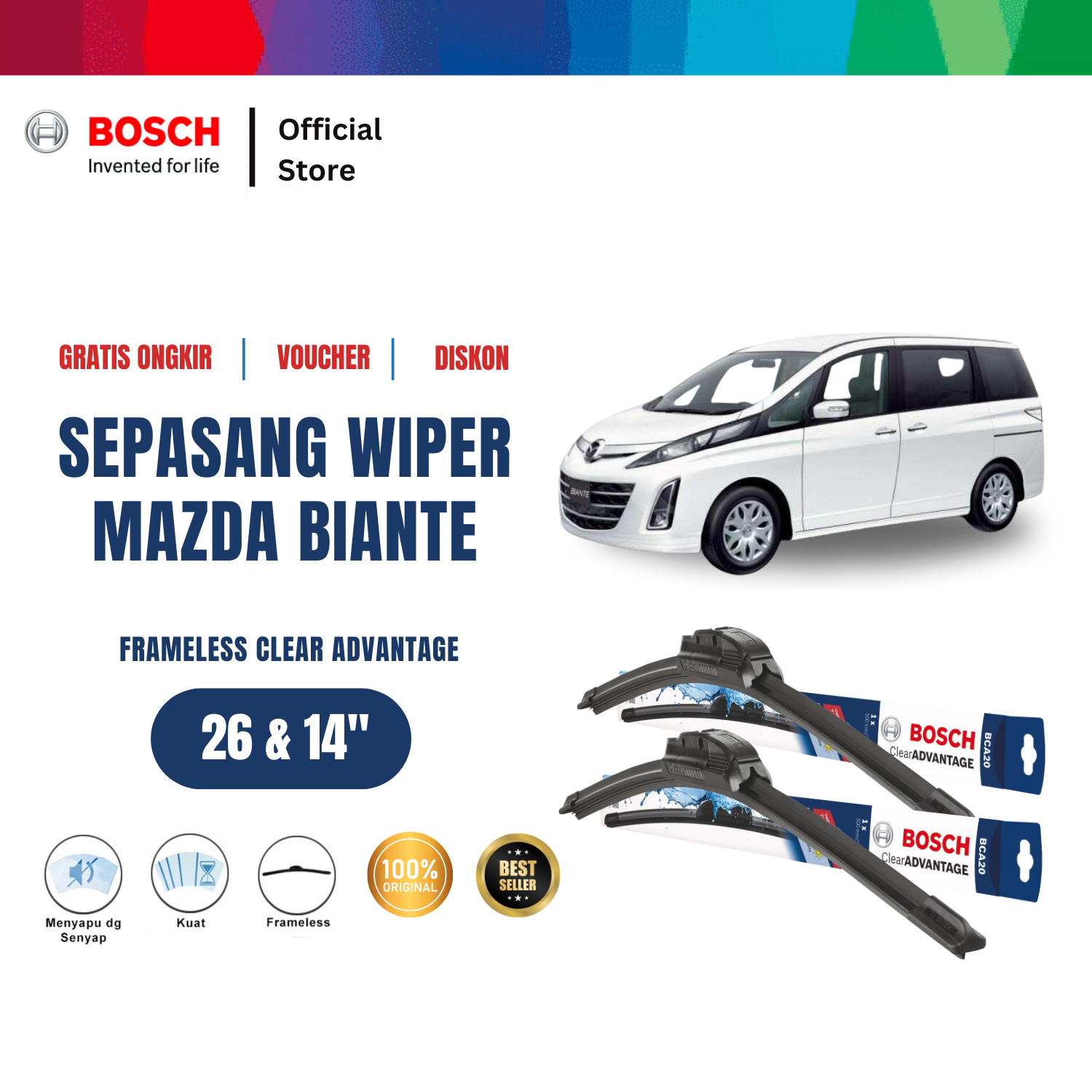Bosch Sepasang Wiper Mobil Mazda Biante Frameless Clear Advantage 26 dan 14 Inci Giá 203,235 Đồng*Miễn phí vận chuyển