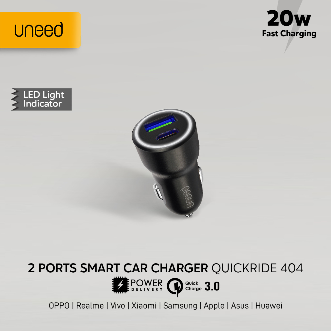 UNEED Dual Port Car Charger Mobil 20W QC PD - UCC404 Harga 79,730 rupiah*Gratis Ongkir