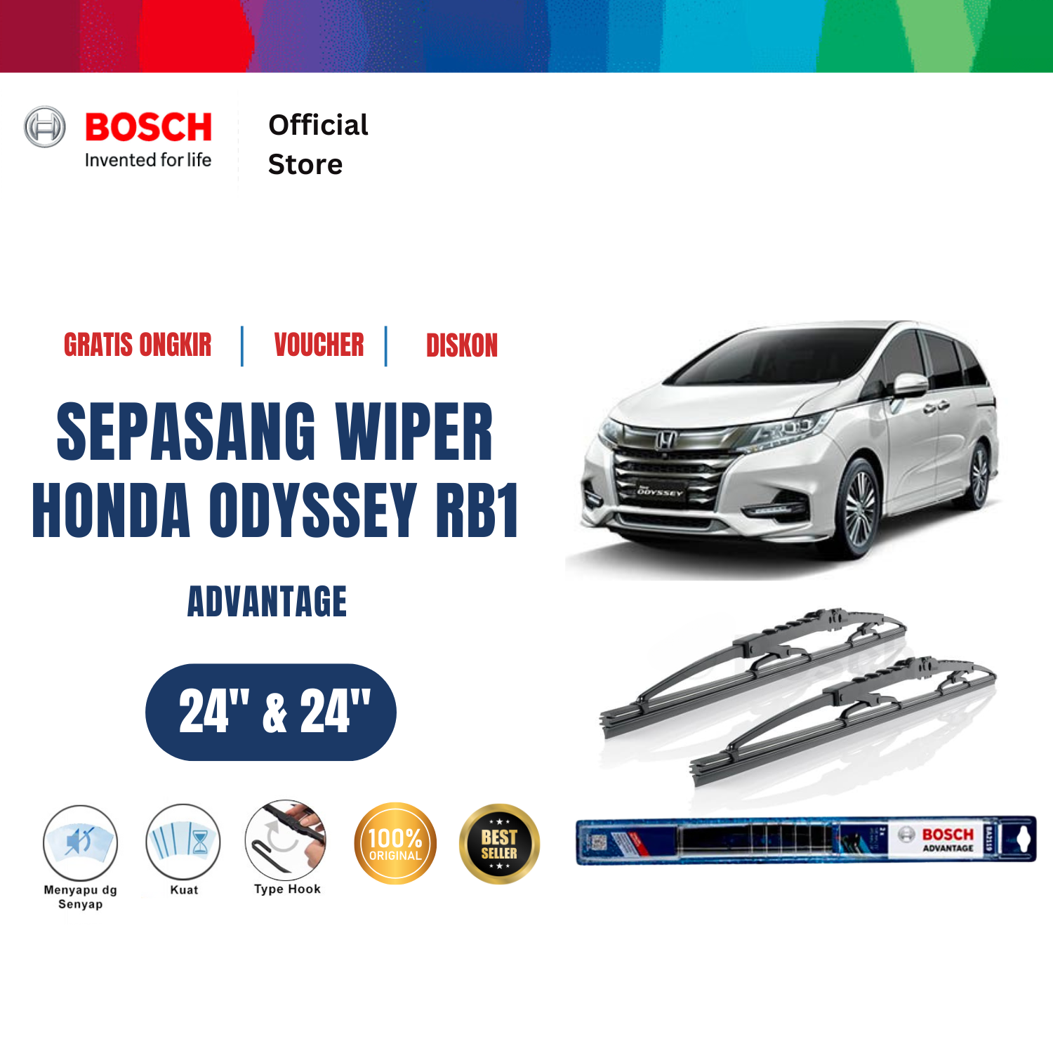 Bosch Sepasang Wiper Kaca Mobil Honda Odyssey RB1 (2003-2008) Advantage 24" & 24" - 2 Buah/Set - Hitam Harga  157,420 Ringgit*Penghantaran Percuma