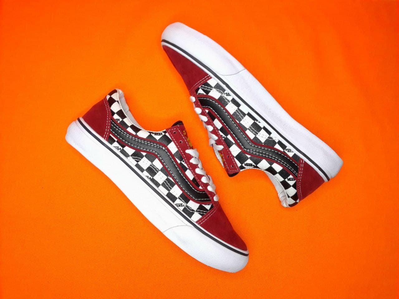 red and white platform vans