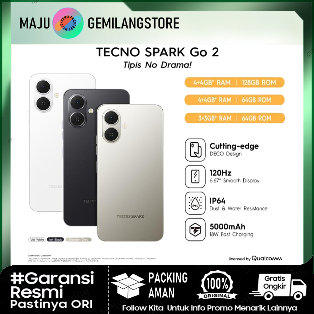 Tecno Spark Go 2 3/64Gb & 4/64Gb & 4/128Gb | Ip64, 6.67-Inch Hd+ 120Hz Smooth Display | 5000Mah + 18W Charging | 13Mp - Tecno Ai | Official Guarantee Harga  1,249,000 Ringgit*Penghantaran Percuma
