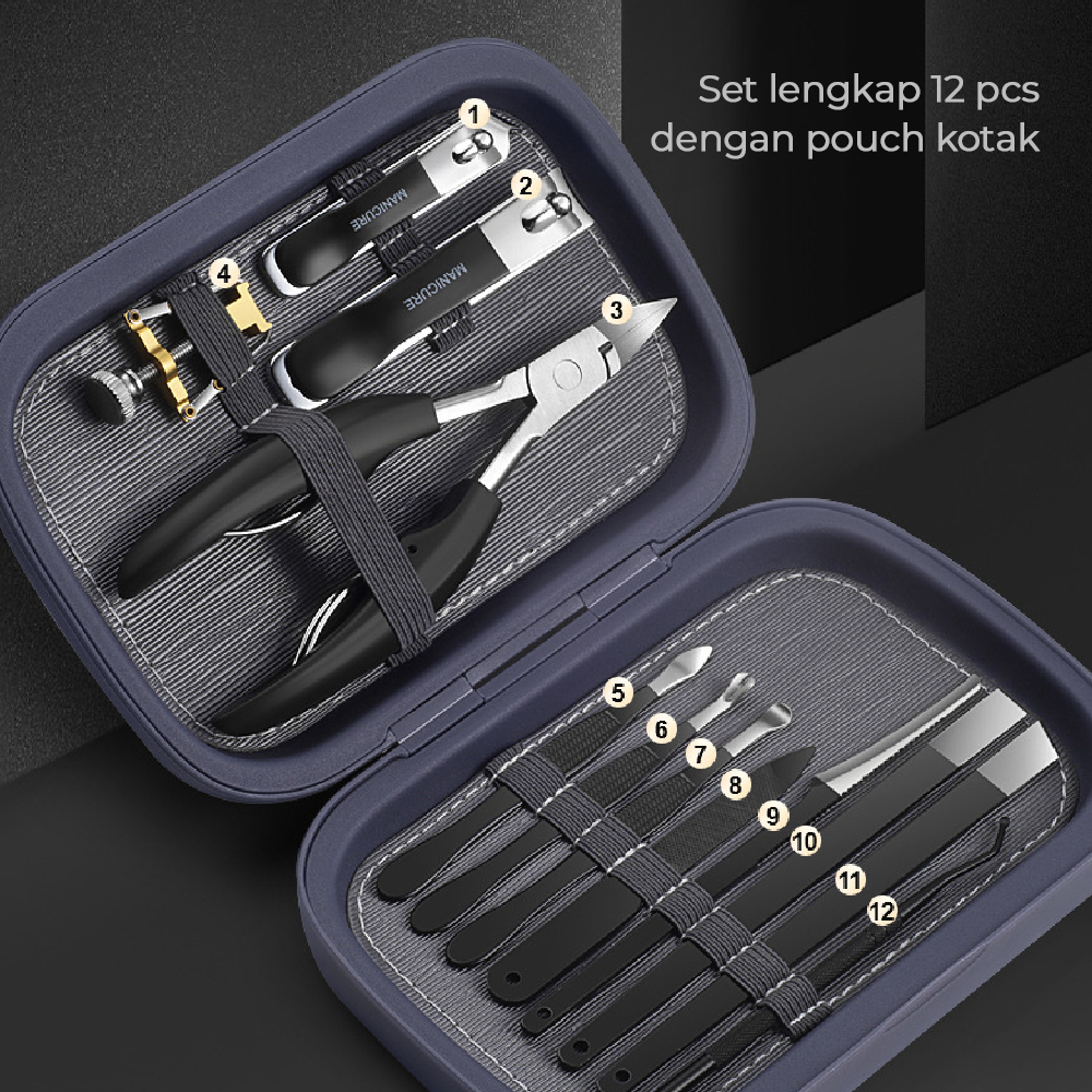 Manicure Set 12pcs Bahan Carbon Steel Alat Gunting Kuku & Perawatan Kuku Cantengan