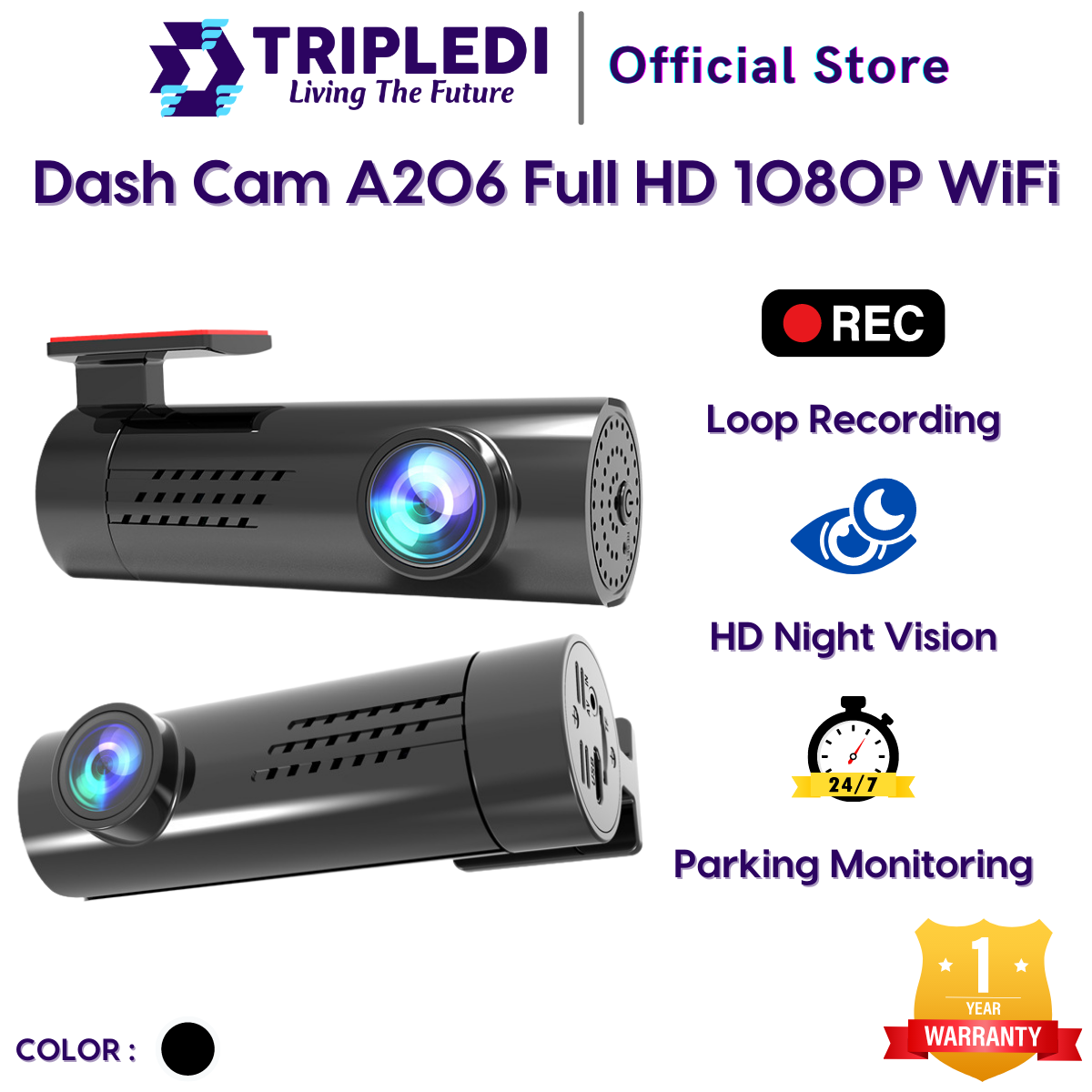 TRIPLEDI Dash Cam A206 WiFi Night Vision Full HD 1080P Kamera Dashboard Mobil DVR Video Recorder Car Smart Camera Dashcam Auto Loop Harga 483,300 rupiah*Gratis Ongkir