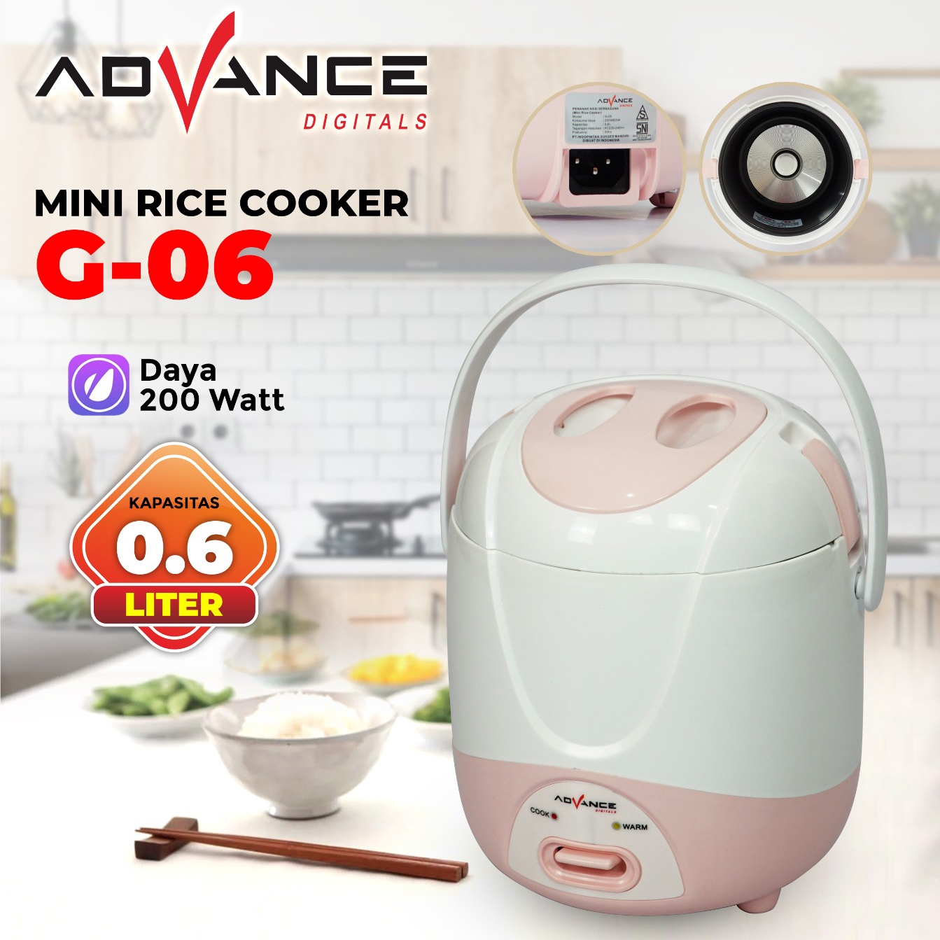 Advance G-06 Rice Cooker Magic Com Mini 0.6 Ltr Portable Travel Version Penanak Nasi Serbaguna