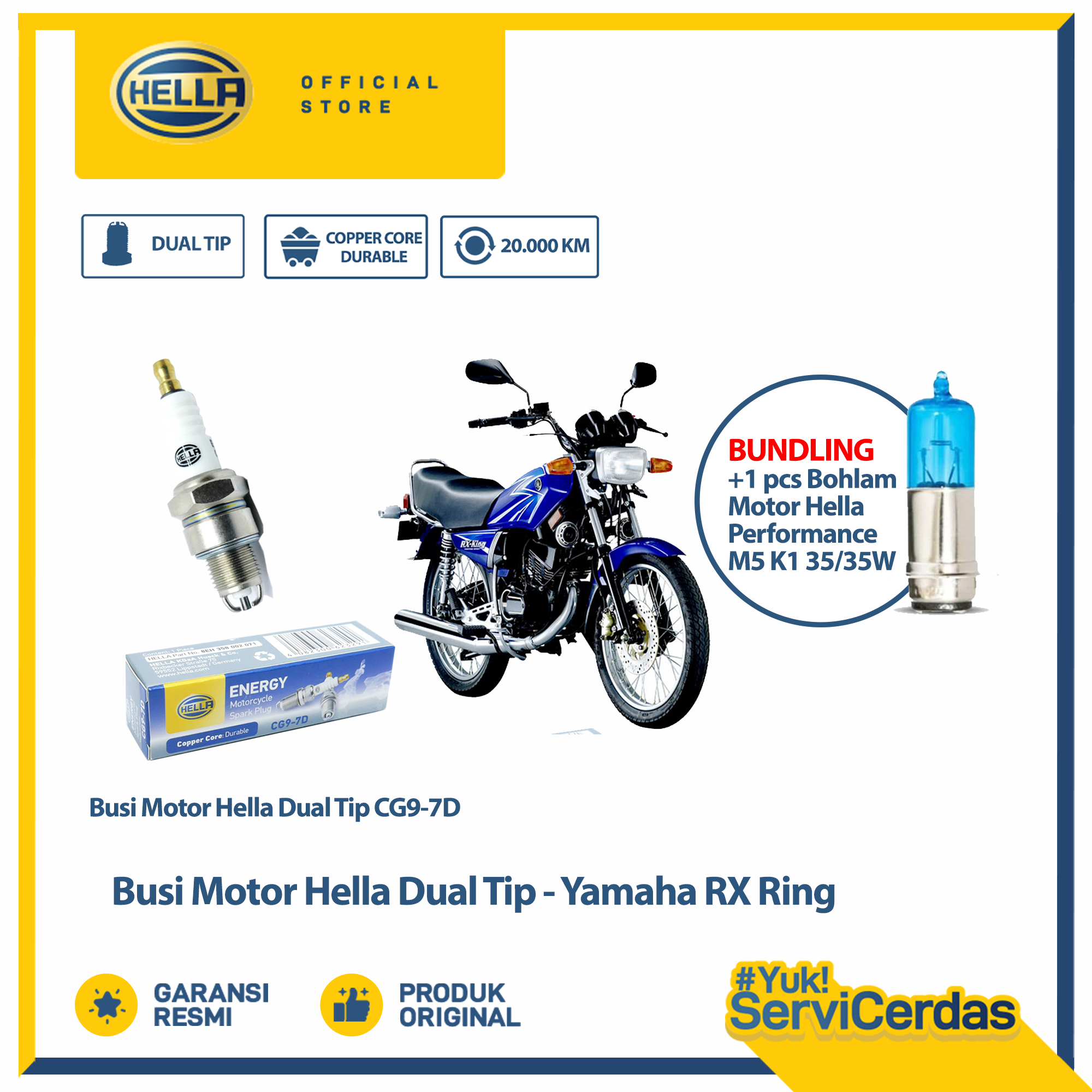 Busi Motor Yamaha RX king Hella Dual Tip CG9-7D Bundling Bohlam Motor M5 12V 35/35W 4500K-1 - Lampu Motor Harga 50,200 Ringgit*Penghantaran Percuma