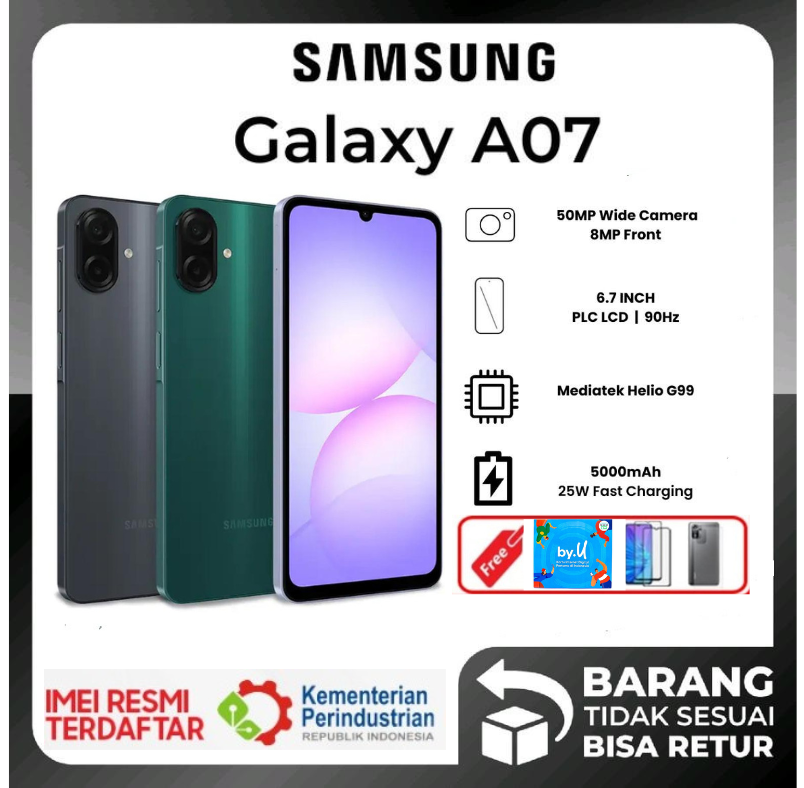 Samsung Galaxy A07 8/256 Gb 6.7 Inch 5000 Mah Helio G99 - Official Warranty - Black, 4/64Gb Harga 1,309,440 rupiah*Gratis Ongkir