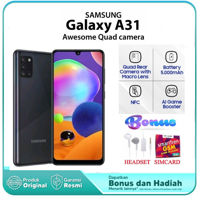 PROMO !!! SAMSUNG A31 RAM 8 128 RAM 6 128 NFC GARANSI - RAM 6 128, BONUS Harga 1,900,000 rupiah*Gratis Ongkir