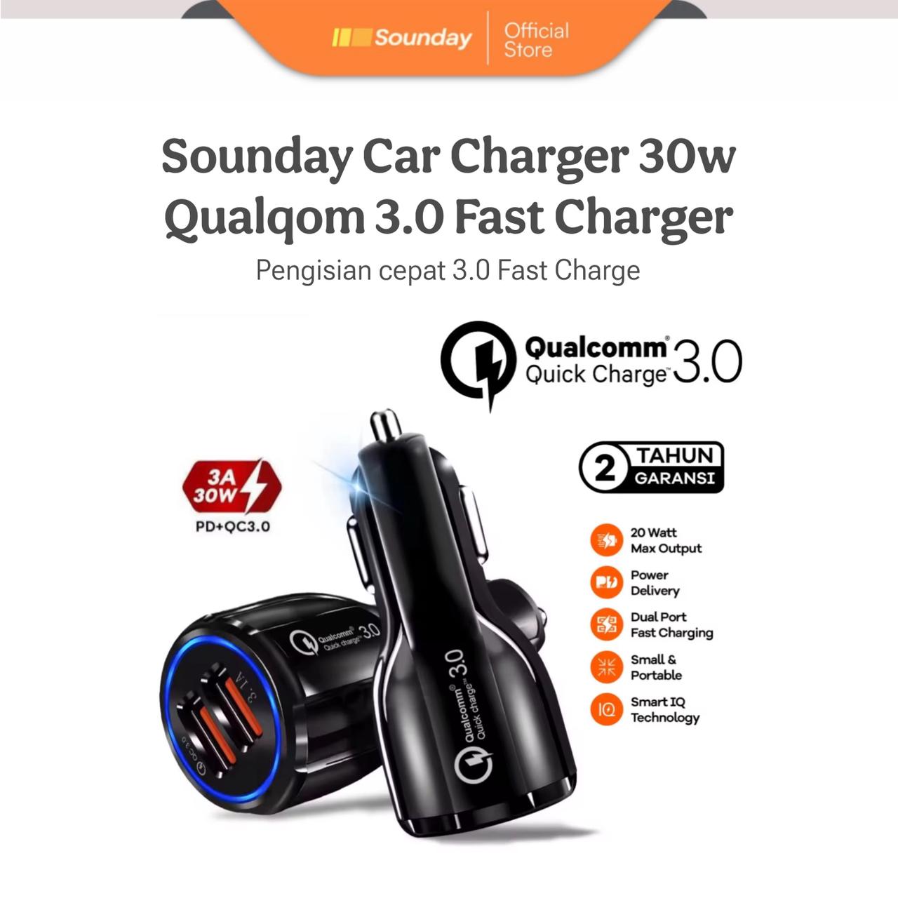 Sounday car charger 30W car Plug 2 ports USB QC 3.0 fast charging Harga 59,800 rupiah*Gratis Ongkir