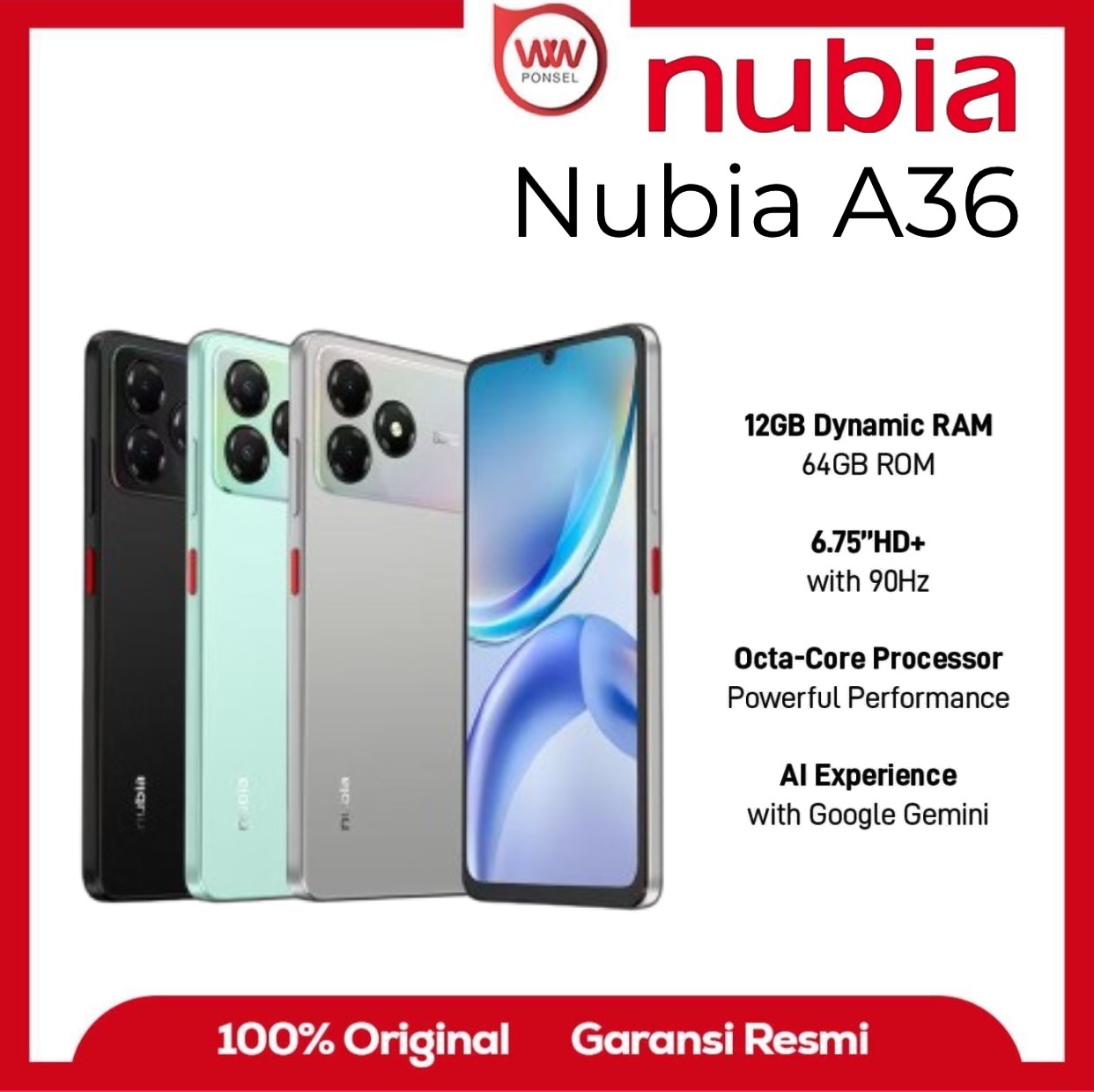 Hp Nubia A36 Ram 4GB Internal 64GB Garansi Resmi Harga 1,099,000 rupiah*Gratis Ongkir