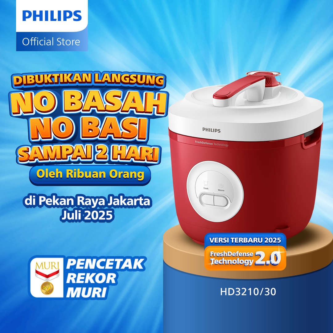 Philips Rice Cooker 1.8 L - 3000 Basic Series Hd3210/30 - Red - Non-Stick - Freshdefense Technology - No Basi Rice - 400 Watt, Philips Rice Cooker, Rice Cooker, Magicom, Mejikom, Ricecooker, Philips Ricecooker Harga  586,000 rupiah*Gratis Ongkir