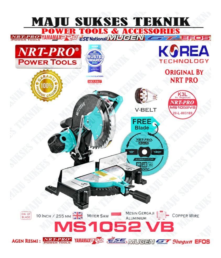 NRT PRO MS 1052 VB Mitter Saw 10 Inch Miter Mesin Gergaji Aluminium MS1052 VB MS1052VB MS 1052VB Harga 1,655,000 rupiah*Gratis Ongkir