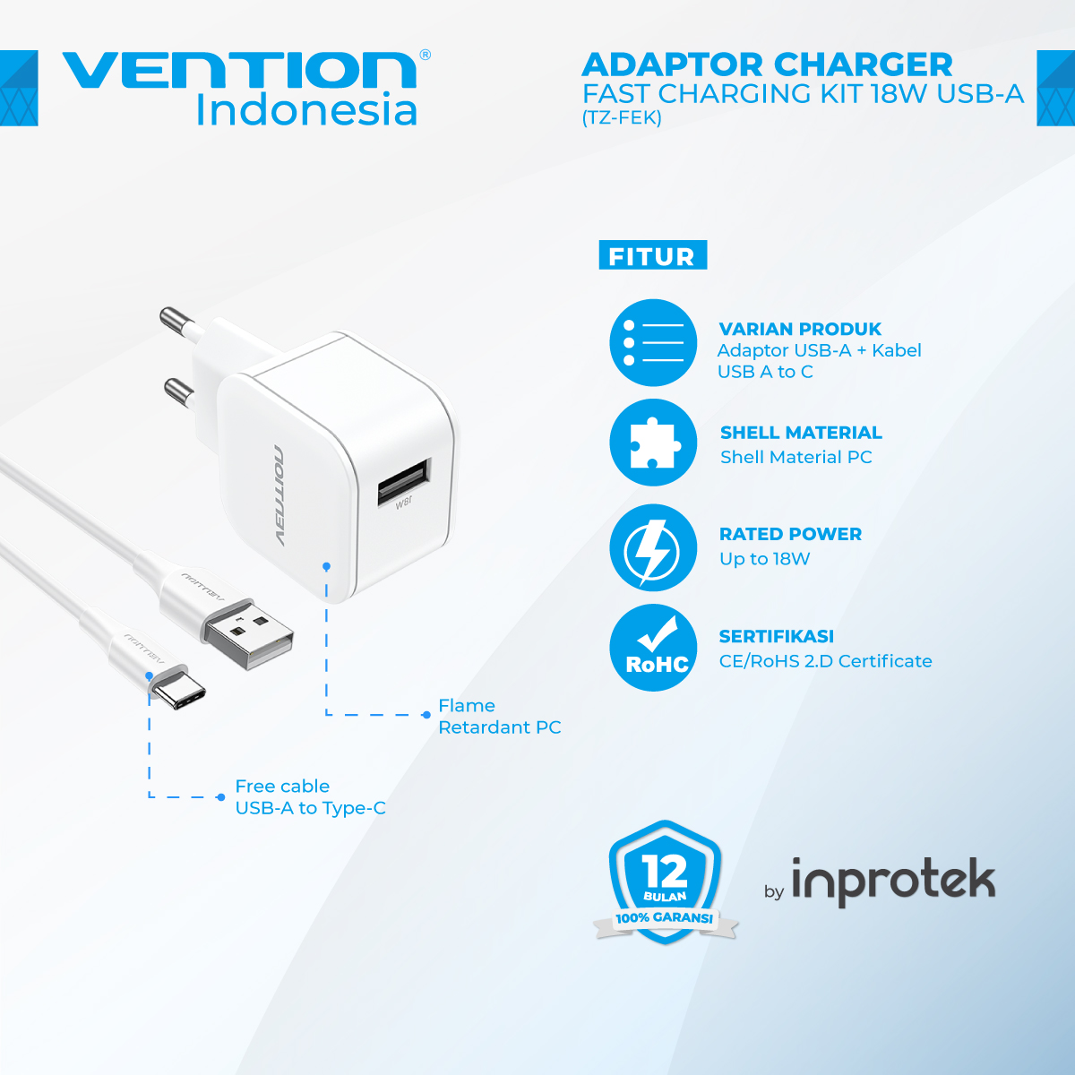 Vention Adaptor 18W USB-A Adaptive Fast Charger AFC SCP