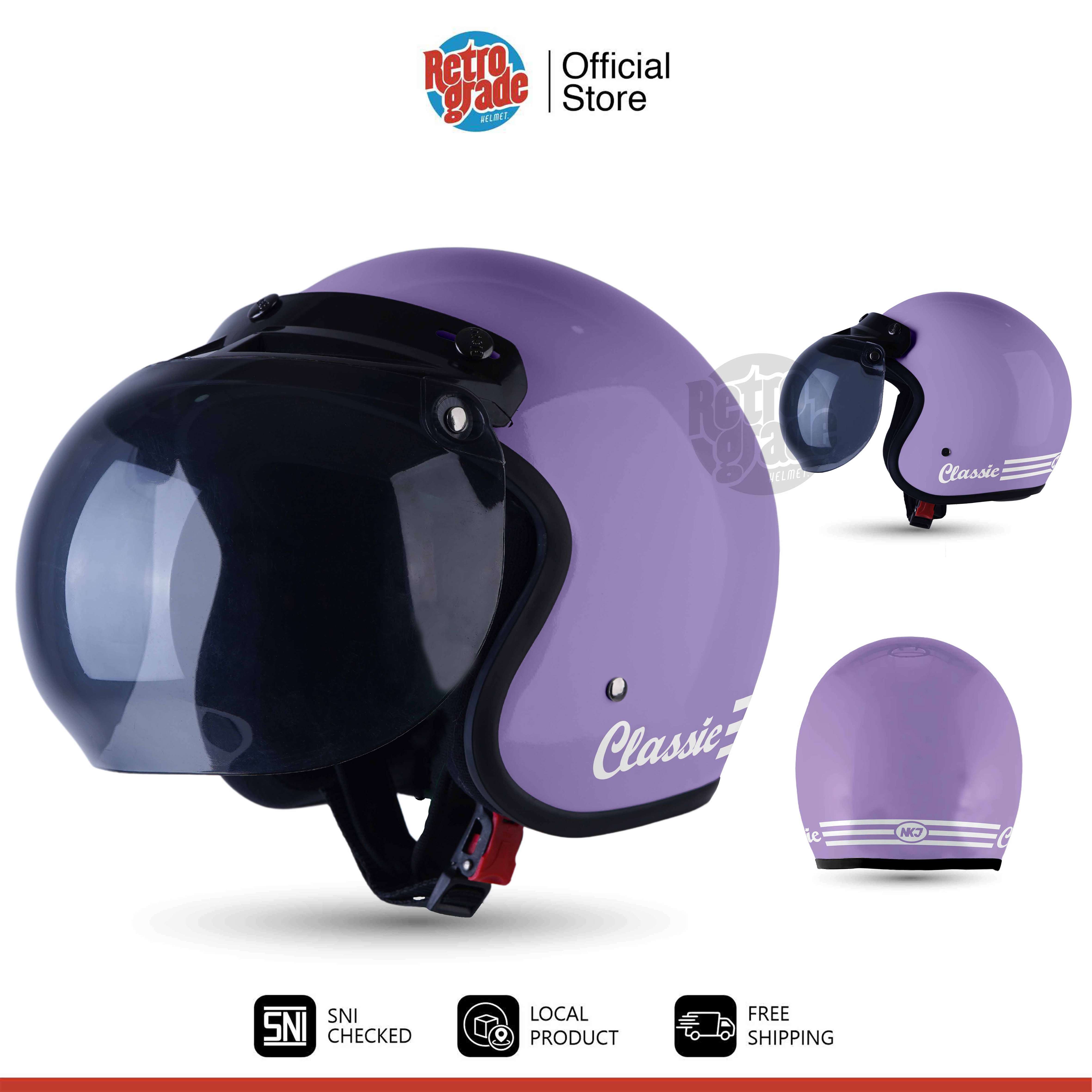 Retrogade Helmet Helm Bogo Dewasa Retro Classic SNI Cat Garis Kaca Cembung Polos Ungu Pastel Harga 90,000 rupiah*Gratis Ongkir