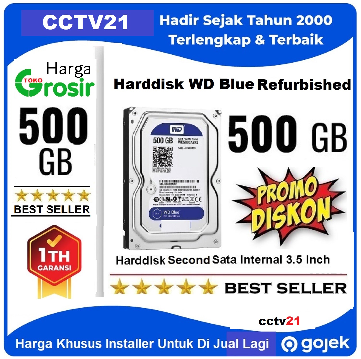 Hardisk HDD Harddisk cctv WD BLUE 500GB Internal Sata 3.5”Harga Khusus Reseller cctv21 Harga 210,000 rupiah*Gratis Ongkir