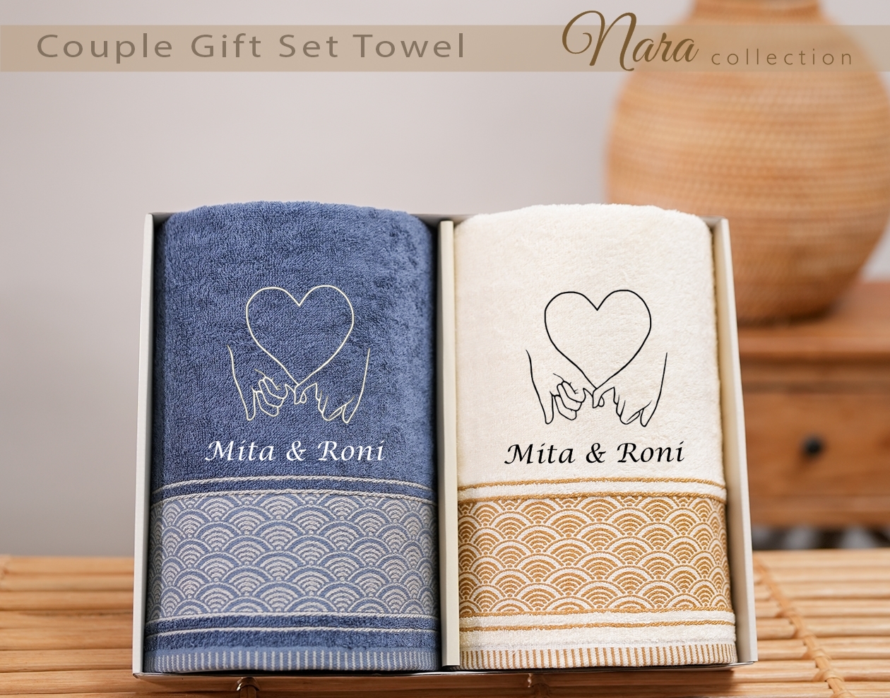 Luxury hadiah SET - Handuk COUPLE CUSTOM BORDIR NARA Series + Exclusive BOX + FREE Kartu Ucapan - Coco…