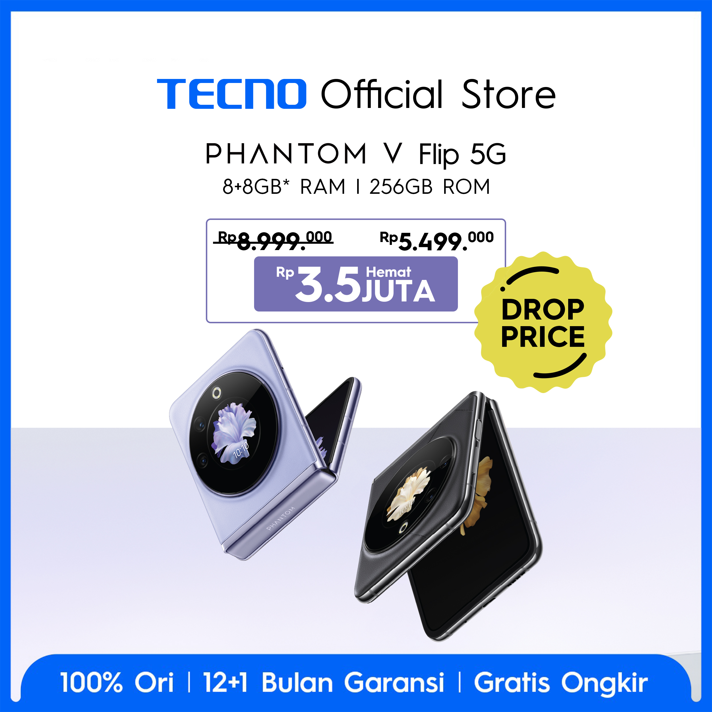 TECNO PHANTOM V Flip 5G - 8+8GB*+256GB, 64MP Ultra-clear Cam, 120Hz Screen, 4000mAh+45W Flash Charging, NFC, The Planet Cover Screen, 32MP Dual-flash Selfie, Android 13, Garansi 12+1 Bulan Harga 5,499,000 rupiah*Gratis Ongkir
