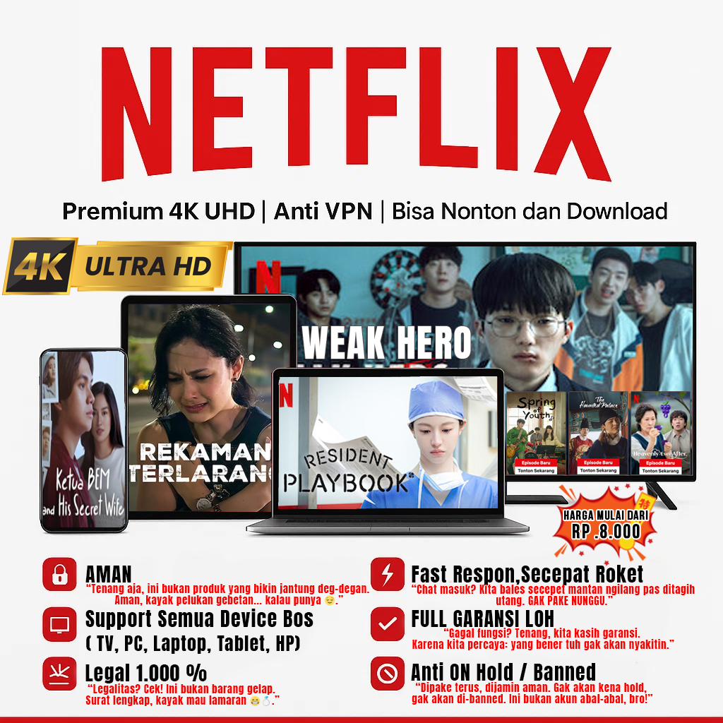 Netflix Premium Uhd 4K Anti Limit Screen Private and Sharing Full Guarantee Cheap Harga 1,000 rupiah*Gratis Ongkir