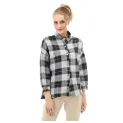 Hamlin Holly Atasan Kasual Kemeja Wanita Lengan Lentera Motif Kotak Material Cotton ORIGINAL - Black