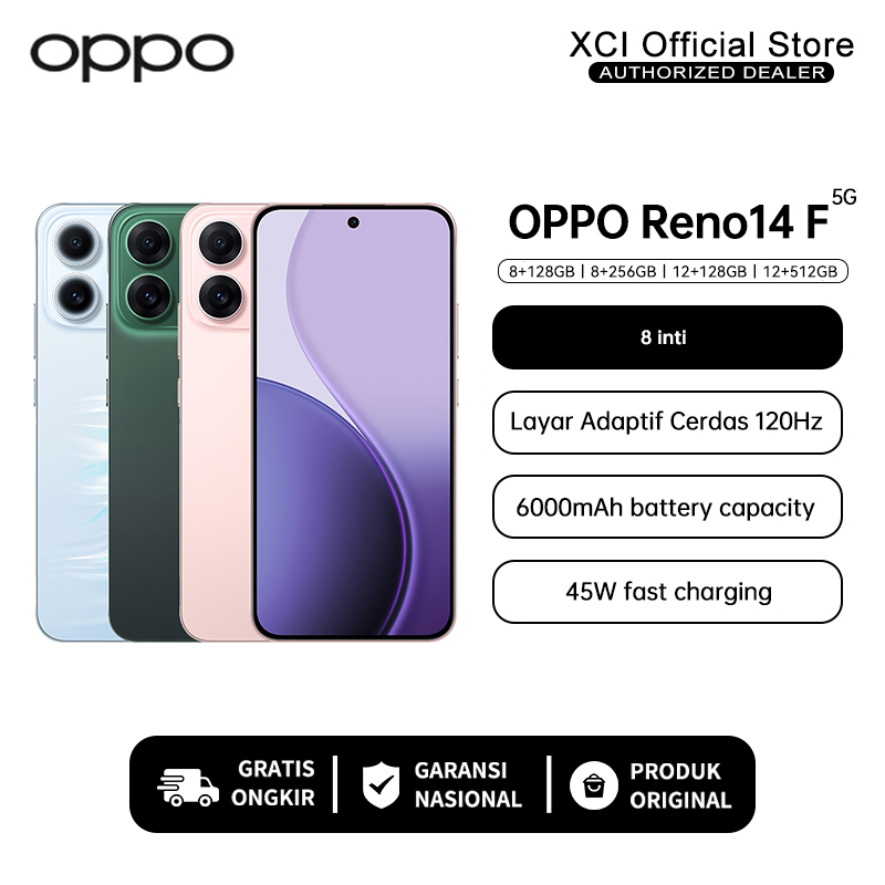 [Official Store] Oppo Reno14 F 5g 12/256Gb (12+12Gb Extended Ram) Ip69 Underwater 4K Photography Harga 5,599,000 rupiah*Gratis Ongkir