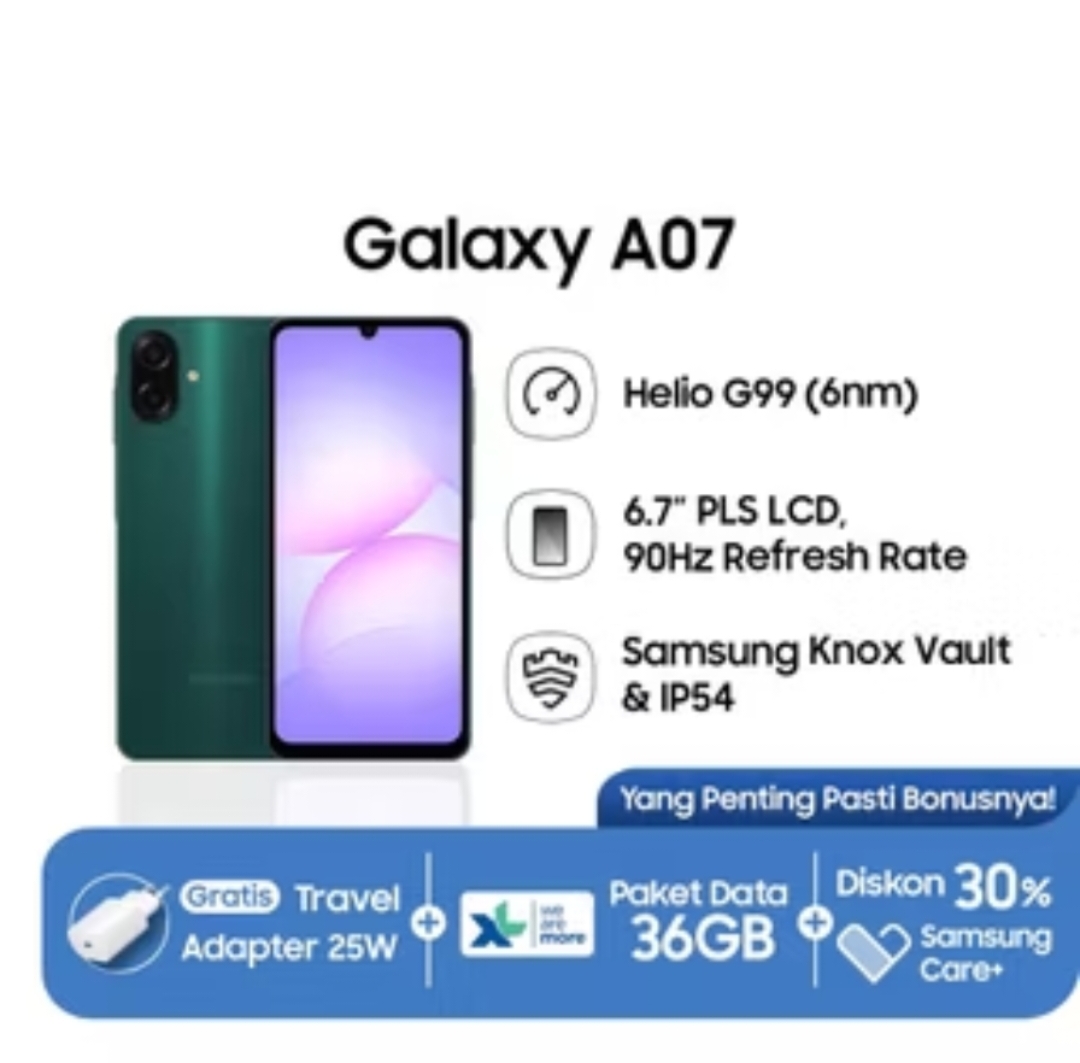 Samsung Galaxy A07 (4/64GB - 4/128GB - 6/128GB - 8/256GB) helio G99 - IP54 - 50MP dual camera-Dolby Atmos - 5000mAh official warranty 1 year Harga 1,393,000 rupiah*Gratis Ongkir