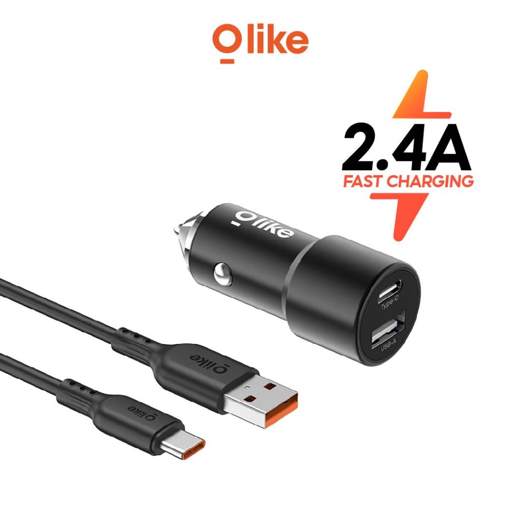 Olike Car Charger Set Charger Mobil Dual USB Fast Charging 2.4A Free Cable R6S R6C Harga 49,000 rupiah*Gratis Ongkir