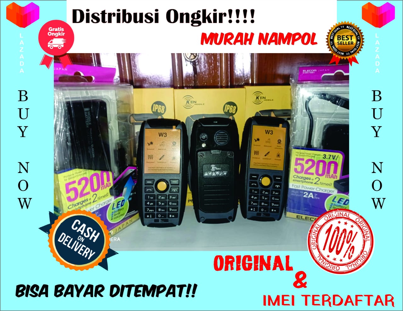 Ponsel WaterProof KEN Mobile W3 Pro handphone Tangguh Grsi RESMI(BONUS POWER BANK)