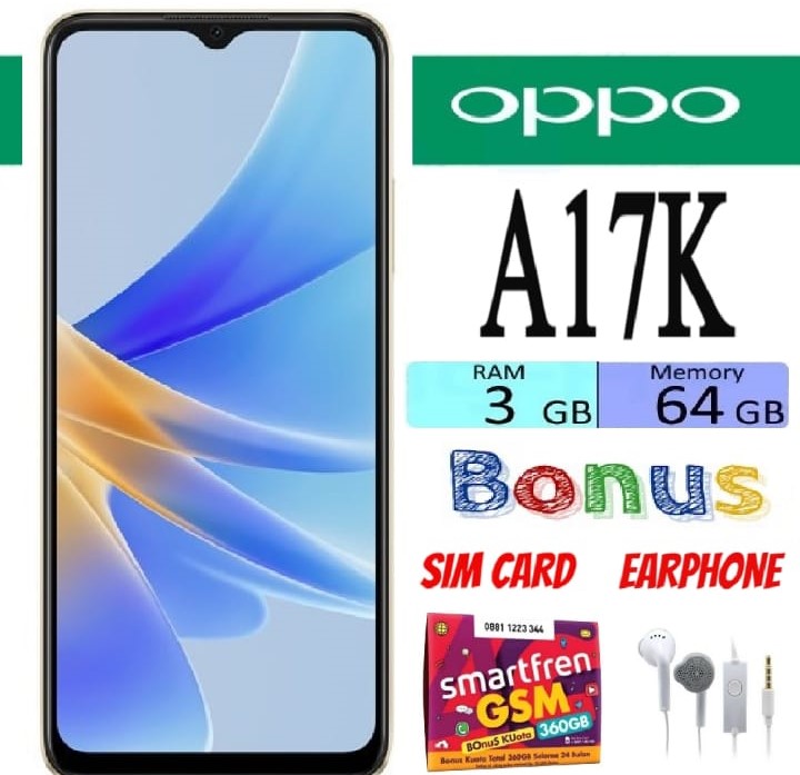 Flash Sale !!! Oppo A17K RAM 3 GB ROM 64 GB Bergaransi - Free Sim Card Harga  1,050,000 Ringgit*Penghantaran Percuma