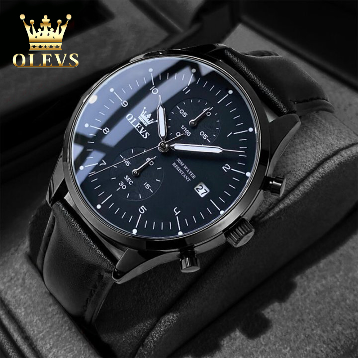 Olevs new cool genuine leather men watches multifunction chronograph waterproof import luxury mens watches Harga 233,100 rupiah*Gratis Ongkir