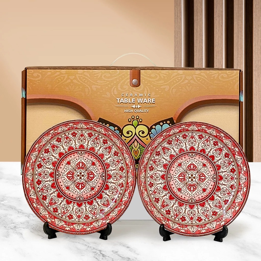 Hampers Plate Set Contains 2Pcs Modern Japanese Vintage Ceramic Round Plates / Bowls Set hadiah box El…