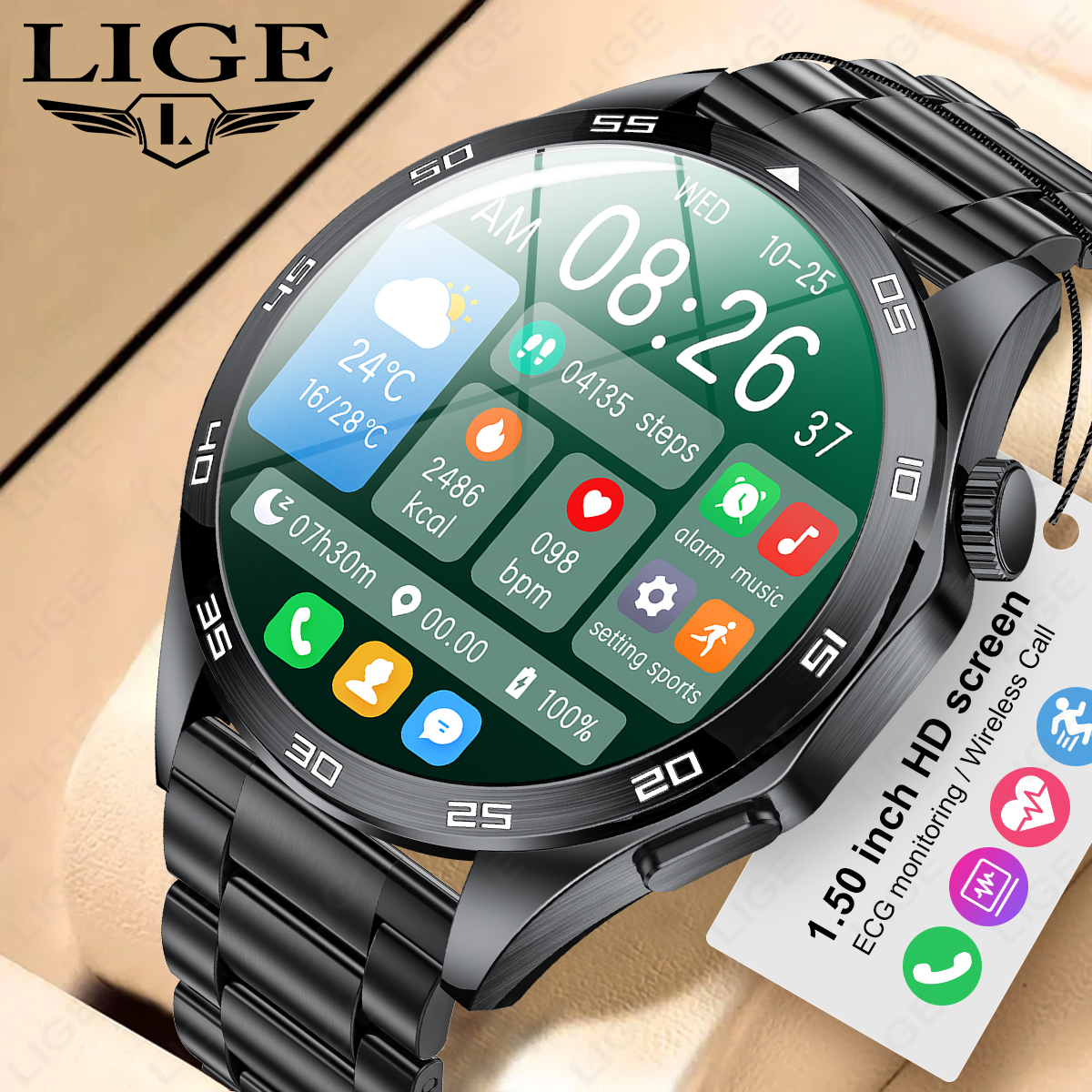 Original Lige Bluetooth and ECG call heart rate men's smart watch waterproof smart watch - Merek LIGE Harga 219,000 rupiah*Gratis Ongkir