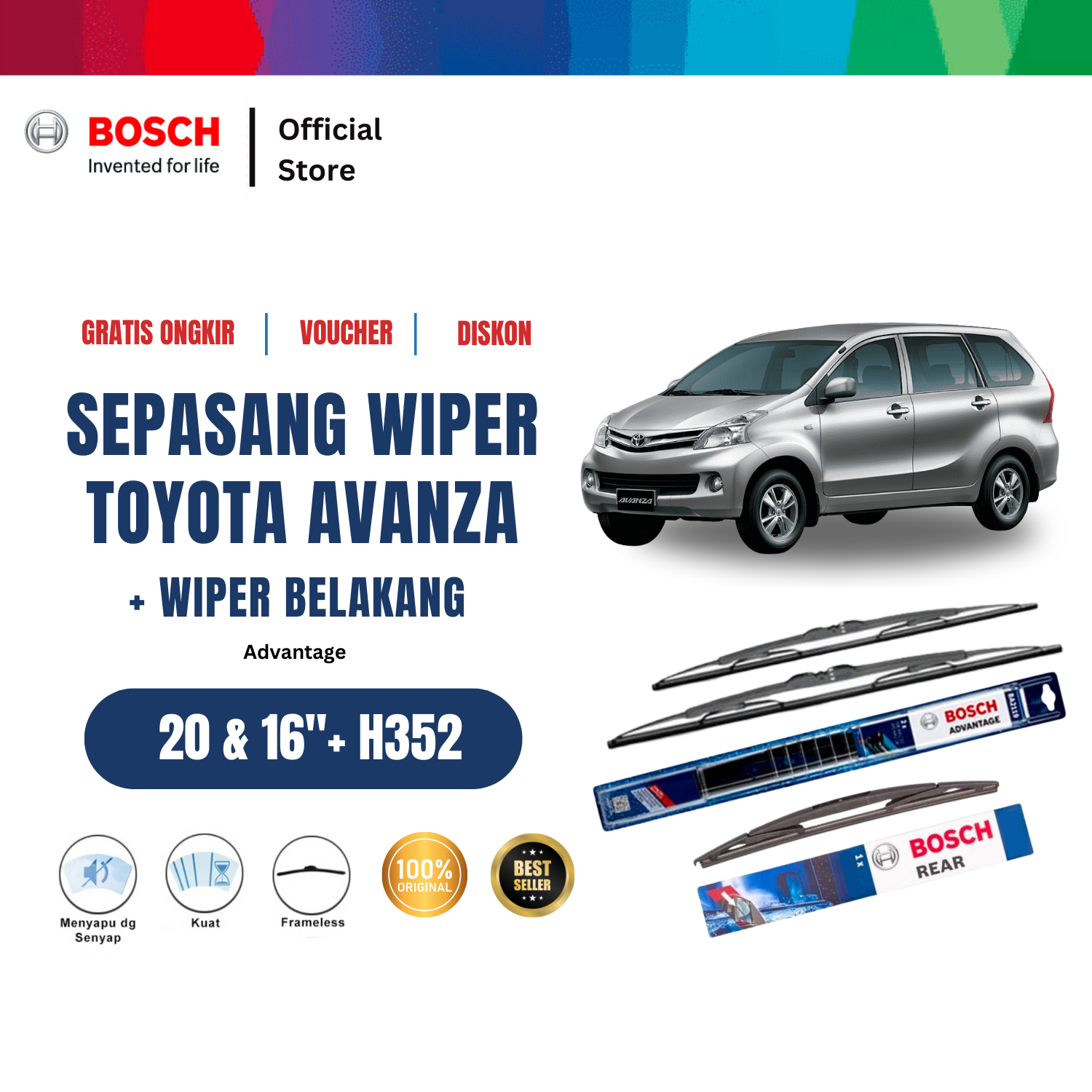 Bosch Wiper Depan dan Belakang Kaca Mobil Toyota Avanza Advantage 16 dan 20 inchi dan H352 Harga 217,175 rupiah*Gratis Ongkir