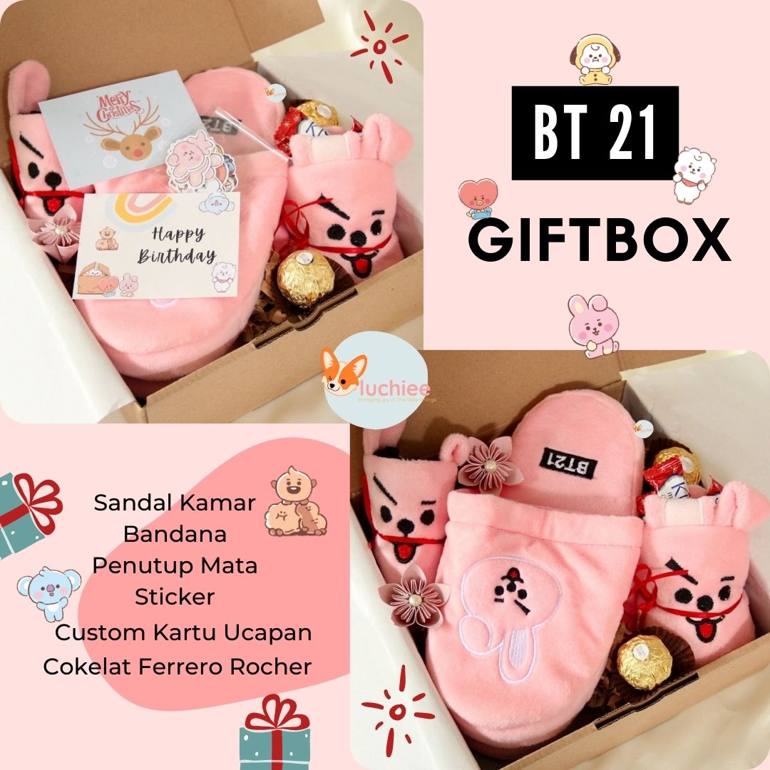 Bt21 BTS HAMPERS/ Giftbox Natal Ulang Tahun Sandal Kamar Bandana Cuci Muka Penutup Mata Tidur