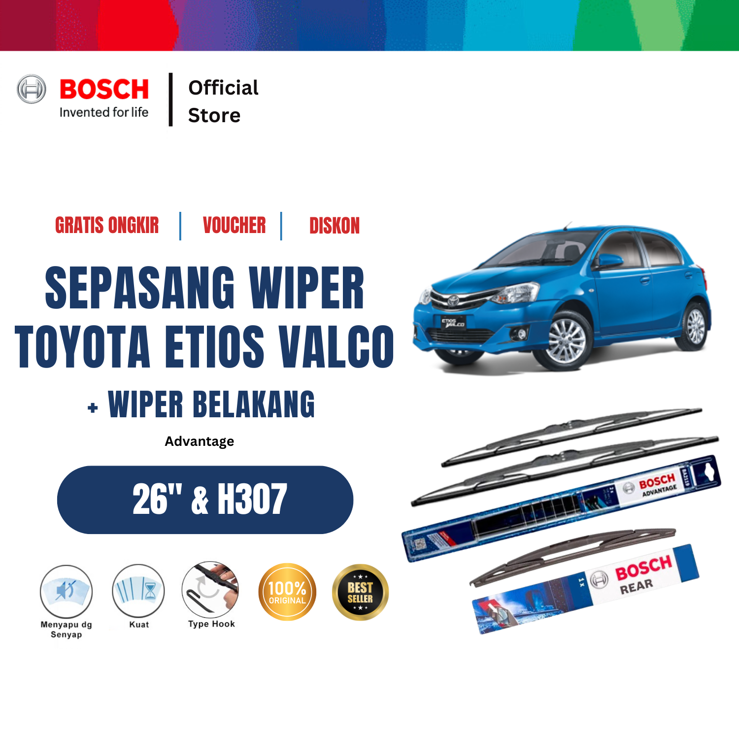 Bosch Wiper Depan Belakang Advantage Etios Valco 26 inchi dan H307 Harga 195,160 rupiah*Gratis Ongkir