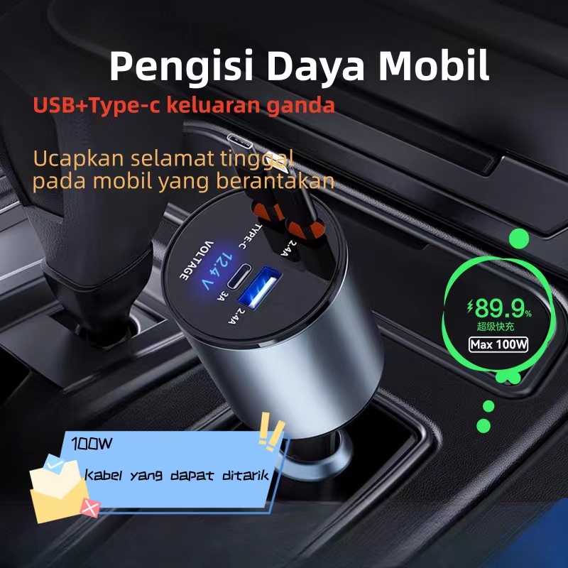Pengisi Daya Mobil 4 in 1 60W yang Dapat Ditarik Otomatis untuk Toyota Honda oppo vivo Redmi IOS　 Harga 179,900 rupiah*Gratis Ongkir