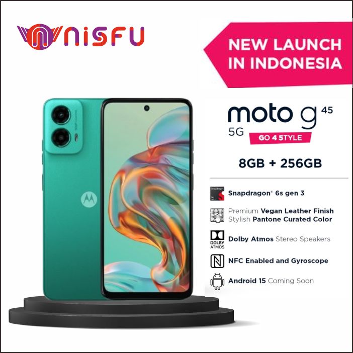 Motorola G45 5G 8/256GB - Up to 16GB Extended RAM - Snapdragon 6s Gen 3 - 6.5 inch Screen Size - Gorilla Glass 3 - 120Hz - 50MP Main Camera - 5000mAh - NFC - Dolby Atmos Stereo Speaker Harga 2,399,000 rupiah*Gratis Ongkir