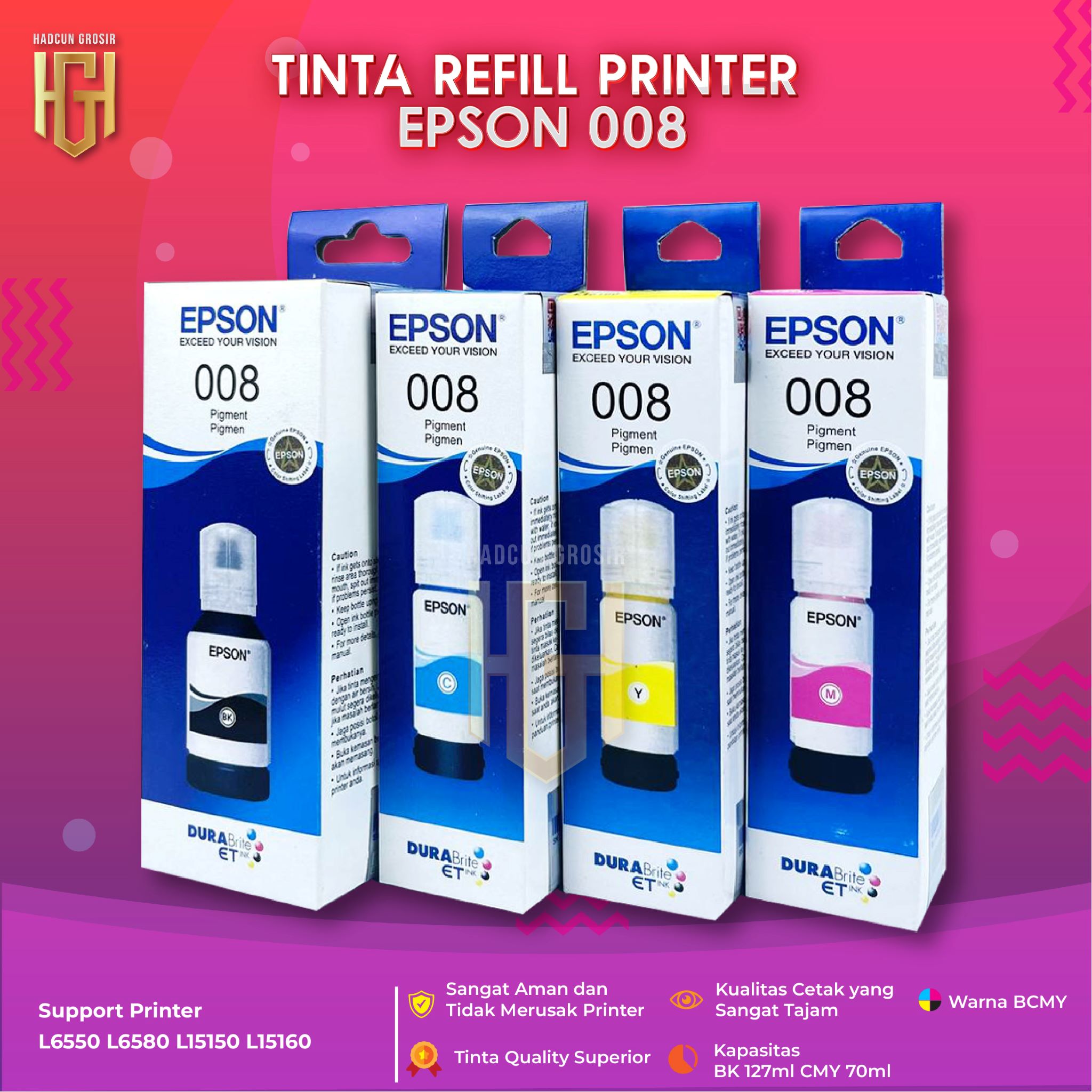 1 Set 4 colors Epson 008 refill 127ml black 70ml cyan magenta yellow ink for Epson l15150 l15160 l6550 l6570 m15140 Harga 88,997 rupiah*Gratis Ongkir