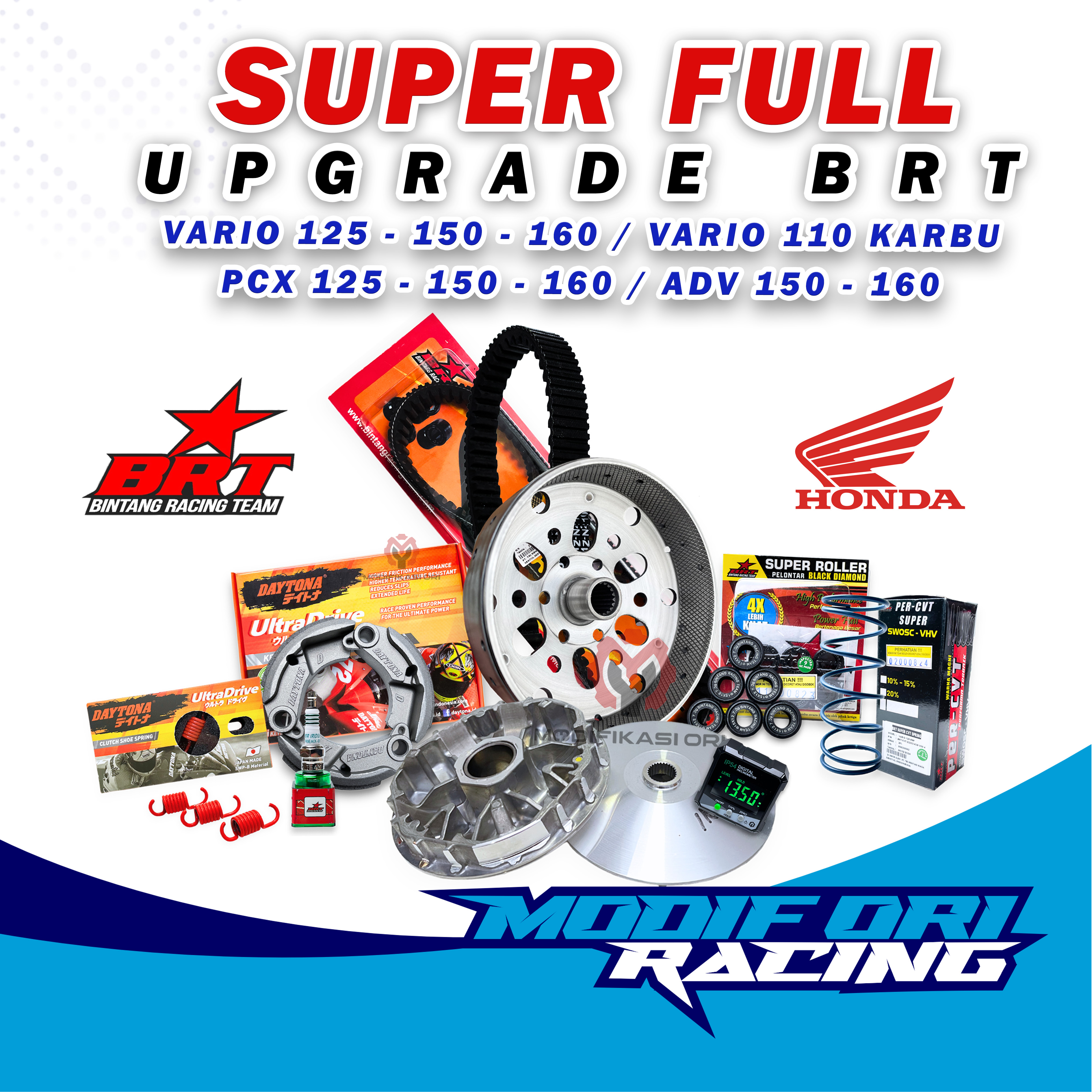 PAKET CVT Full BRT Daytona Vario 150-125 Paket Komplit Super Full Upgrade CVT Honda PCX 150 ADV 150 Custom Pulley set Vario 160 PCX ADV 160 Harga 1,295,000 rupiah*Gratis Ongkir