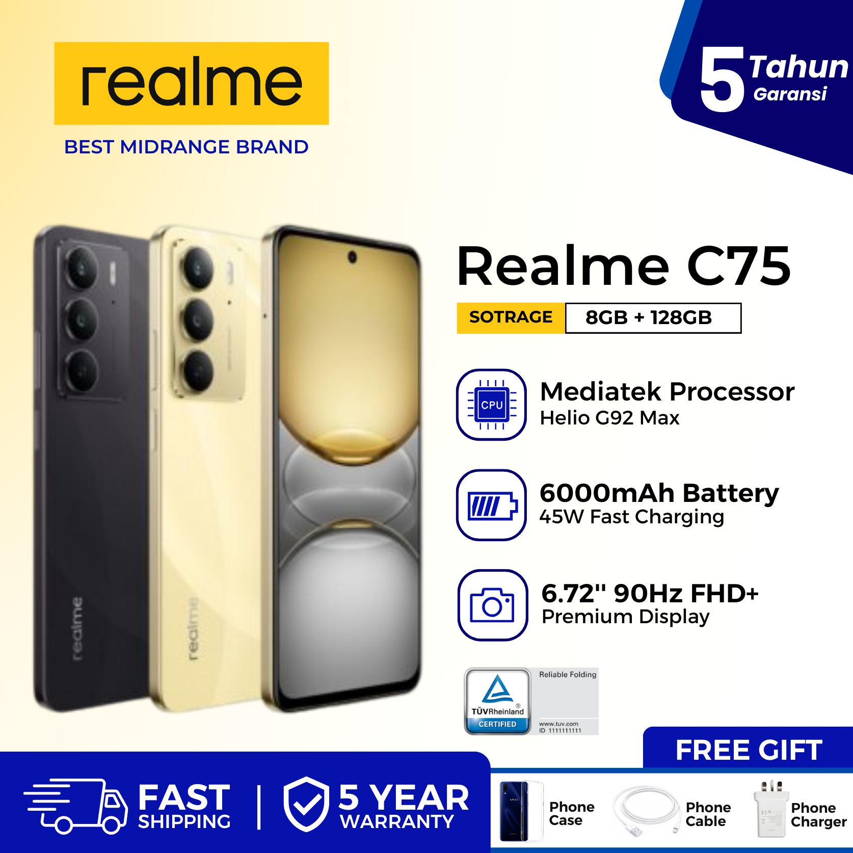 Realme C75 5g – 8Gb Ram + 256Gb Rom, 6.7" Screen, 50Mp Camera, 5000Mah Battery, 33W Fast Charging, Dual Sim, Thin Design, Latest Android, Cheap 5g Hp with God Specs Harga  1,799,000 Ringgit*Penghantaran Percuma