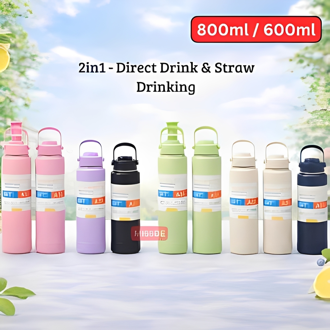 Tumbler bottle 2in1 stainless steel 600-800ml/flip straw water bottle/Botol minum Neo