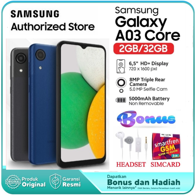 Handphone SAMSUNG GALAXY A03 Core 4G 2/32GB - Garansi Giá 850,000 Đồng*Miễn phí vận chuyển