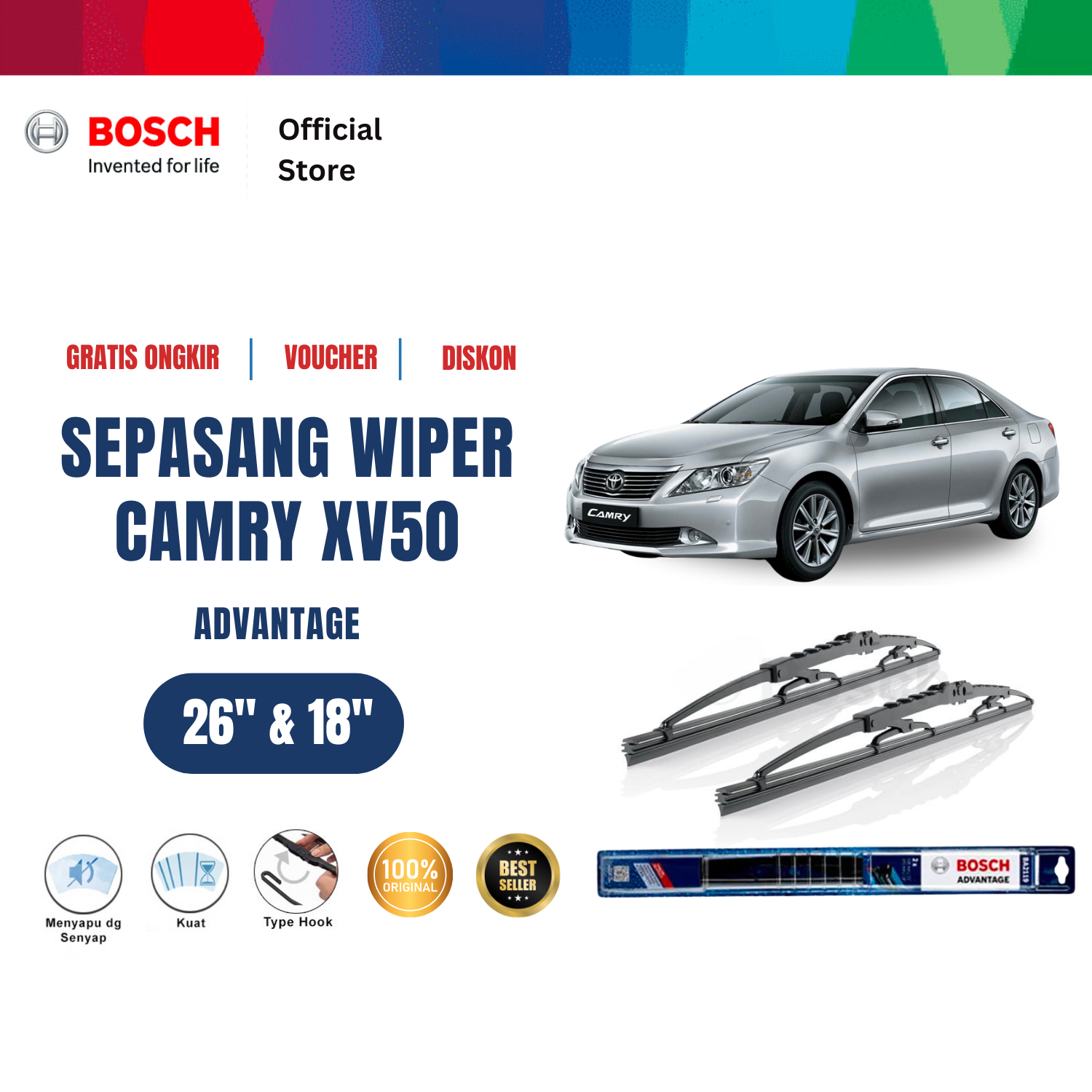 Bosch Sepasang Wiper Kaca Mobil Toyota Camry XV50 2011-on Advantage 26" & 18" - 2 Buah/Set - Hitam Harga 161,330 rupiah*Gratis Ongkir