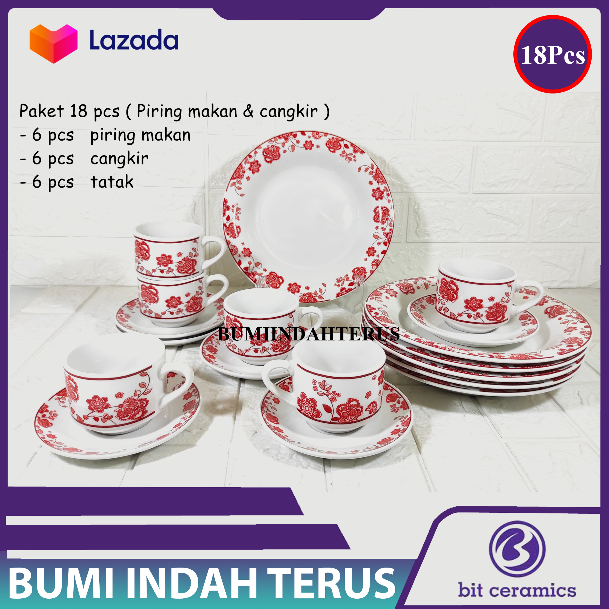 Piring Makan & Cangkir Set Keramik Dengan Banyak Pilihan Motif - 18Pcs