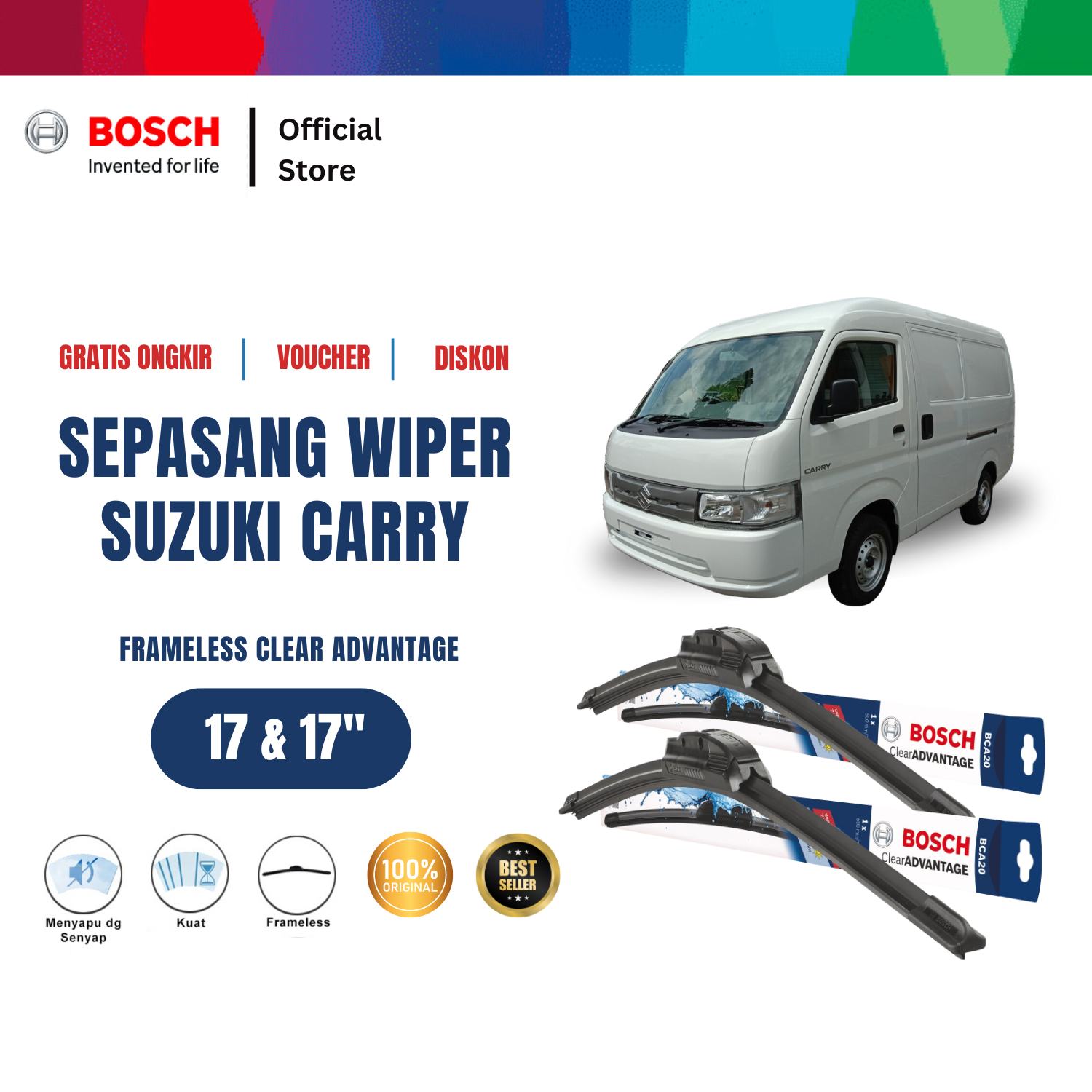Bosch Sepasang Wiper Frameless New Clear Advantage Mobil Suzuki Carry 17 dan 17 inchi Giá 196,520 Đồng*Miễn phí vận chuyển