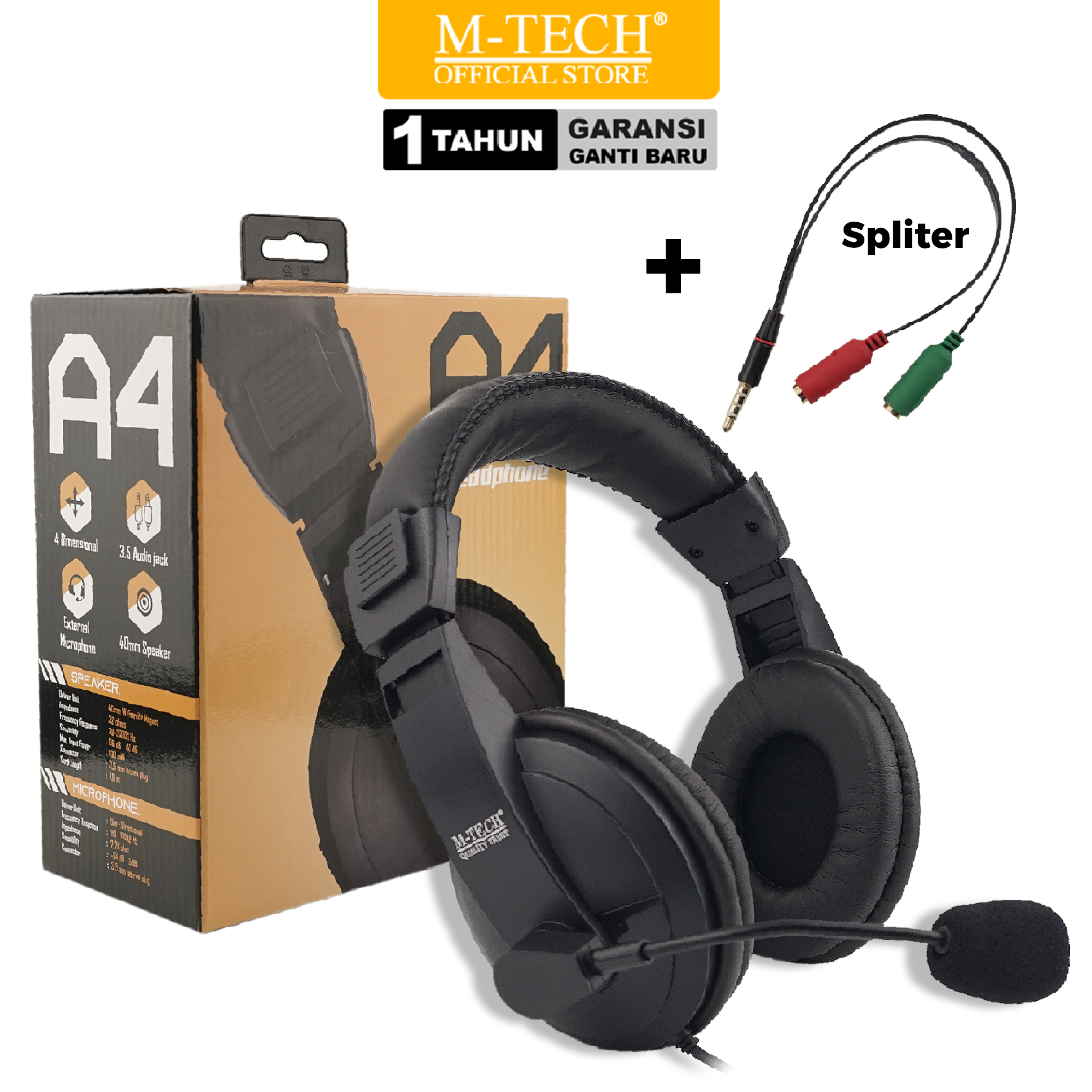Mtech A4 Superbass Gaming Headset Headphones with Mic with Audio Spliter - 1 Year Guarantee