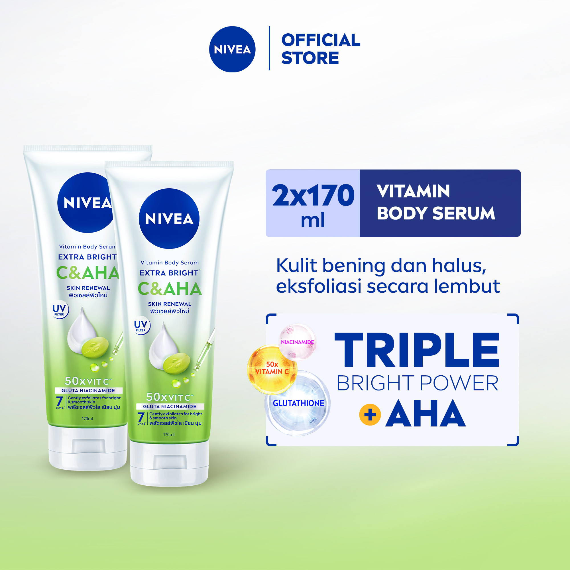 NIVEA Body Serum Extra Bright C&AHA UV Filter 170ml - Hand body serum lotion eksfoliasi halus gentle exfoliating mencerahkan kulit bening brightening melembabkan kering harian tidak lengket