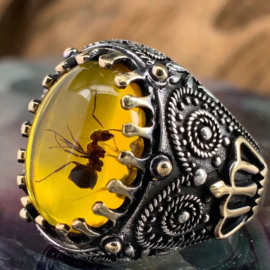 Cincin Batu Kuning Fosil Semut Vintage Tebal Kokoh Keren Cincin